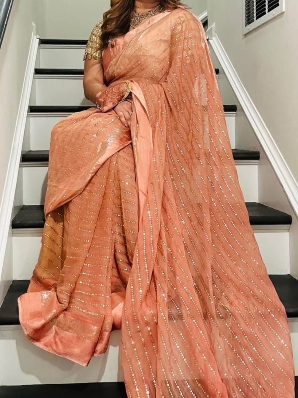 Peach Sequined Diagonal Stripe Saree